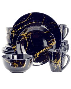 Elama Fine Marble 16 Piece Porcelain Dinnerware Set in Dark Blue with Gold Veining