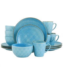 Elama Aqualite 16 Piece Embossed Stoneware Dinnerware Set in Teal